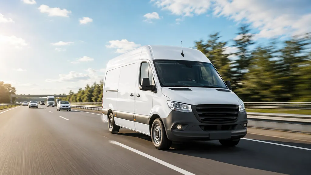 Weißer Mercedes-Benz Sprinter in Fahrt auf der Autobahn
