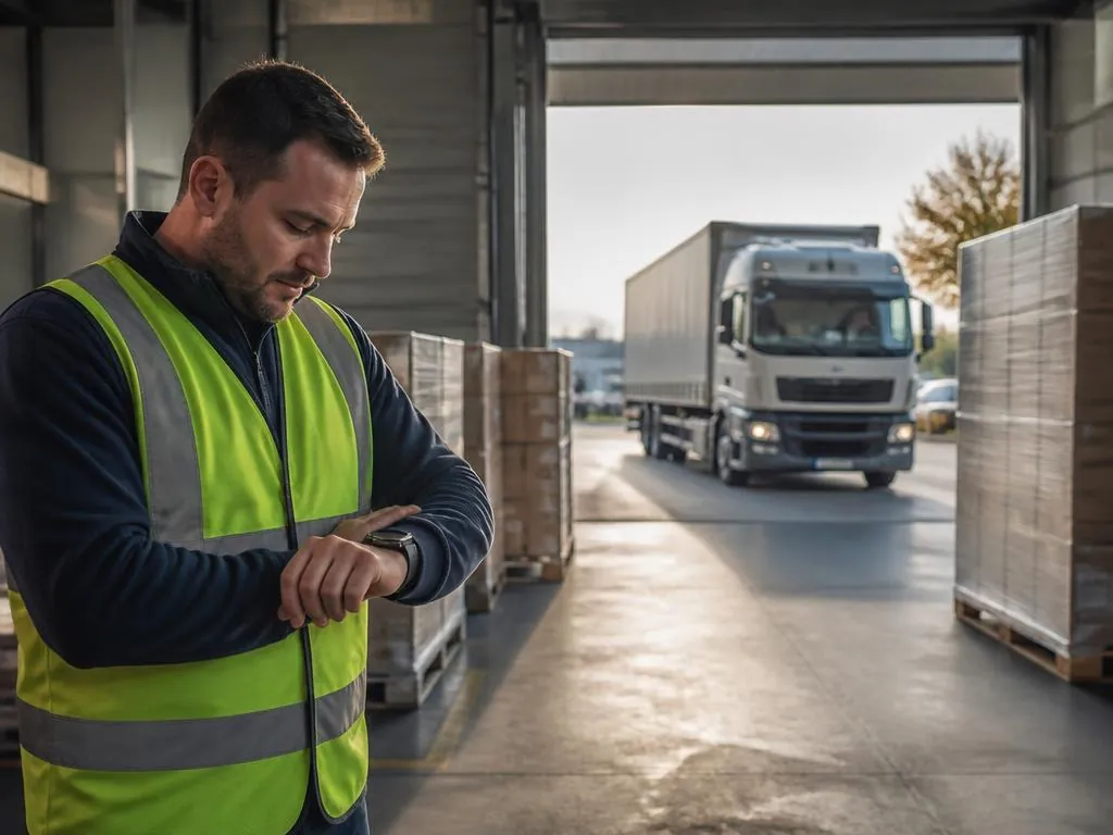 Mitarbeiter kontrolliert die Uhrzeit, während der Lkw pünktlich am Tor eintrifft